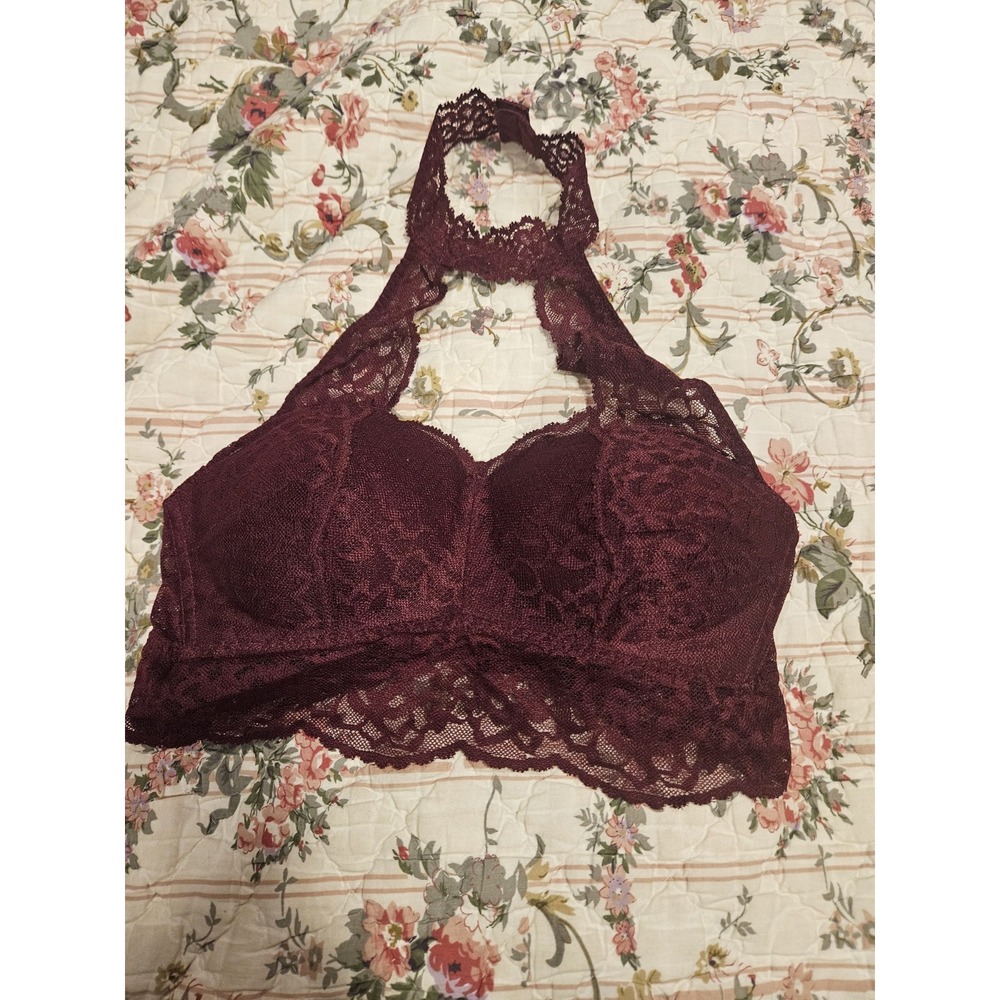 Victoria's Secret Pink Burgundy Lace Push Up Halter Wrap Neck Bra Small